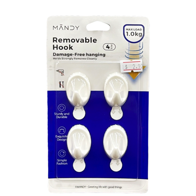 MANDY Self Adhesive Removable Hooks Small 4 Hooks & Strips MAX LOAD 1KG